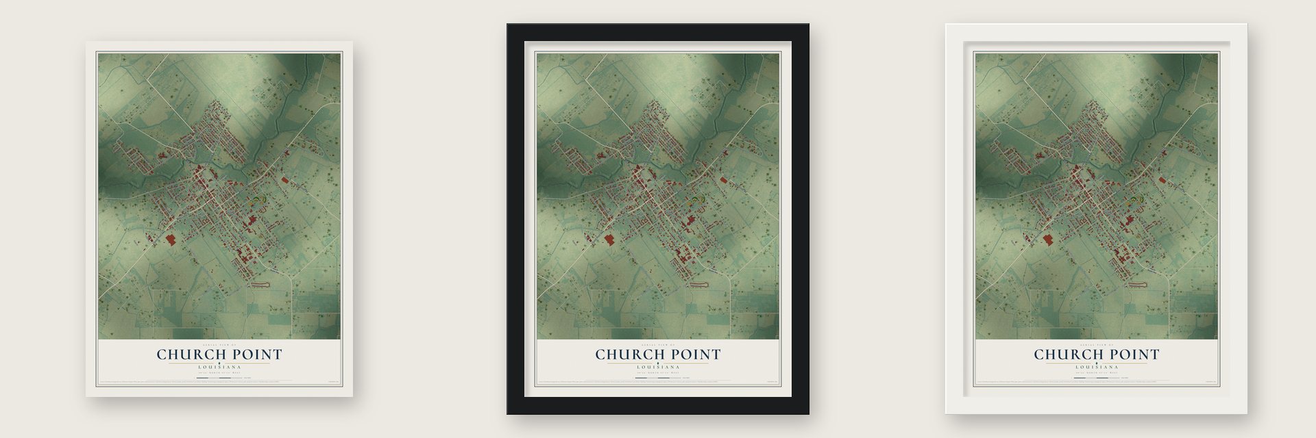 Church Point, Louisiana map unframed, in a black wood frame and in a white wood frame