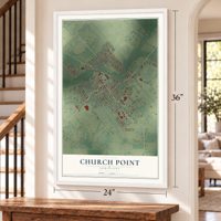 Church Point, Louisiana map, 24 x 36 inch print in a white frame by a staircase