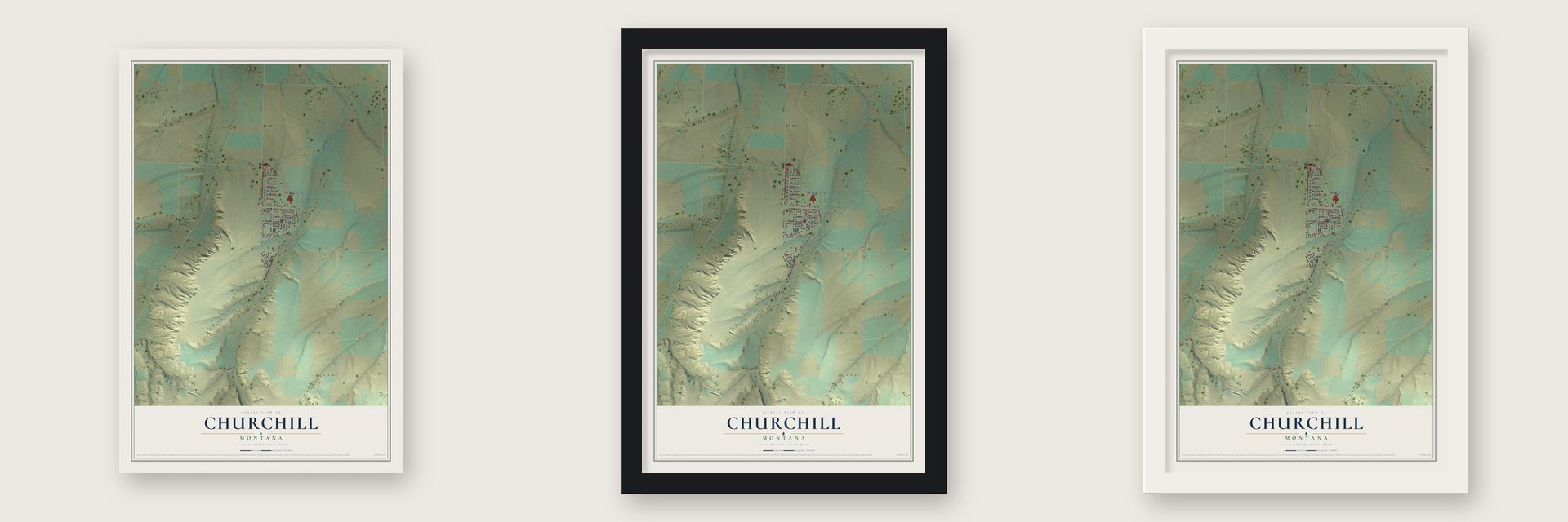Churchill, Montana map unframed, in a black wood frame and in a white wood frame