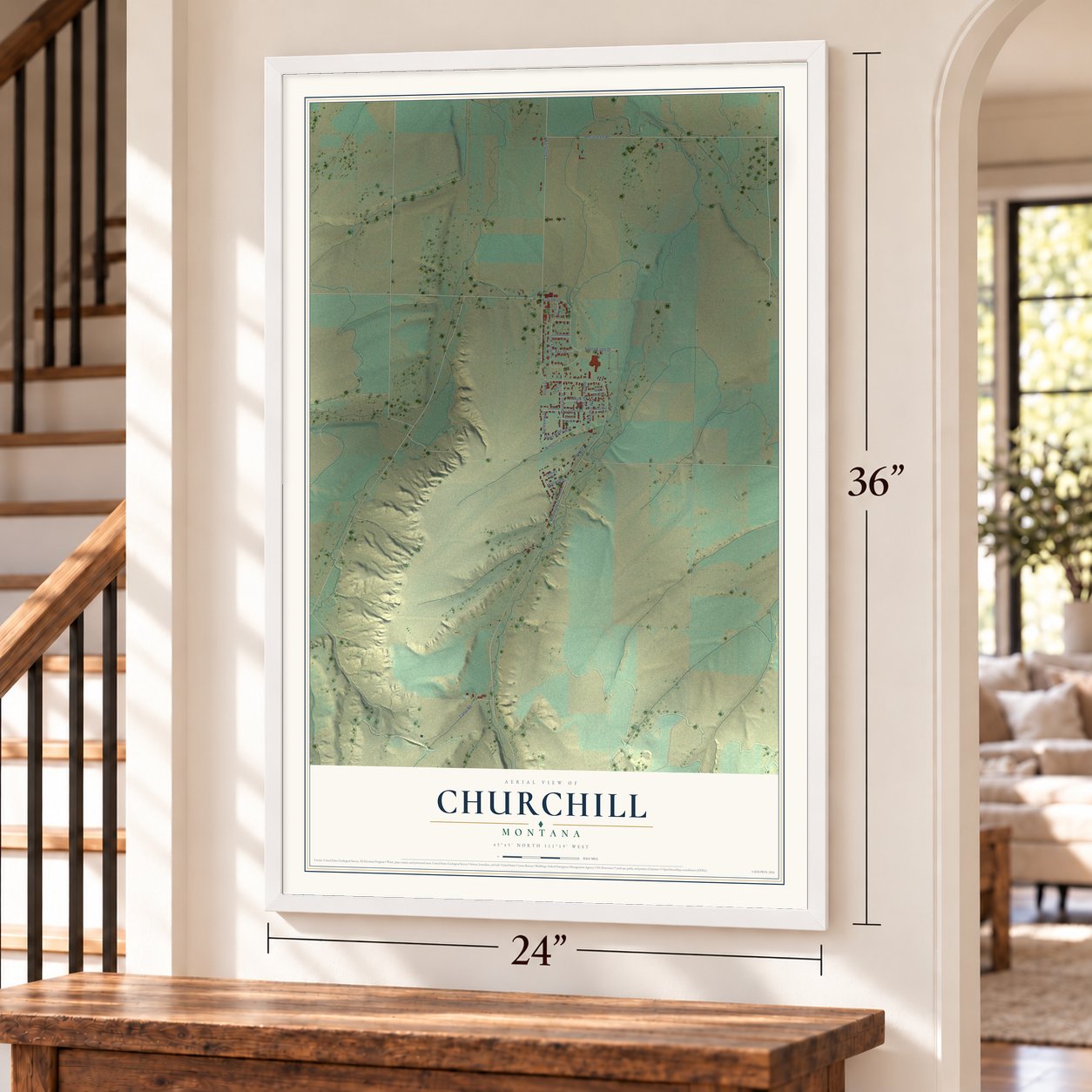 Churchill, Montana map, 24 x 36 inch print in a white frame by a staircase