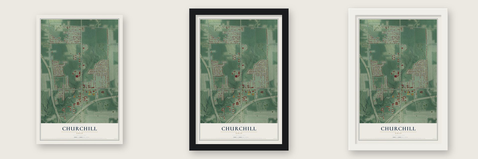 Churchill, Ohio map unframed, in a black wood frame and in a white wood frame