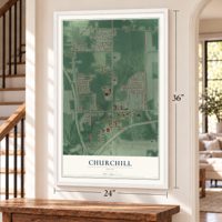 Churchill, Ohio map, 24 x 36 inch print in a white frame by a staircase