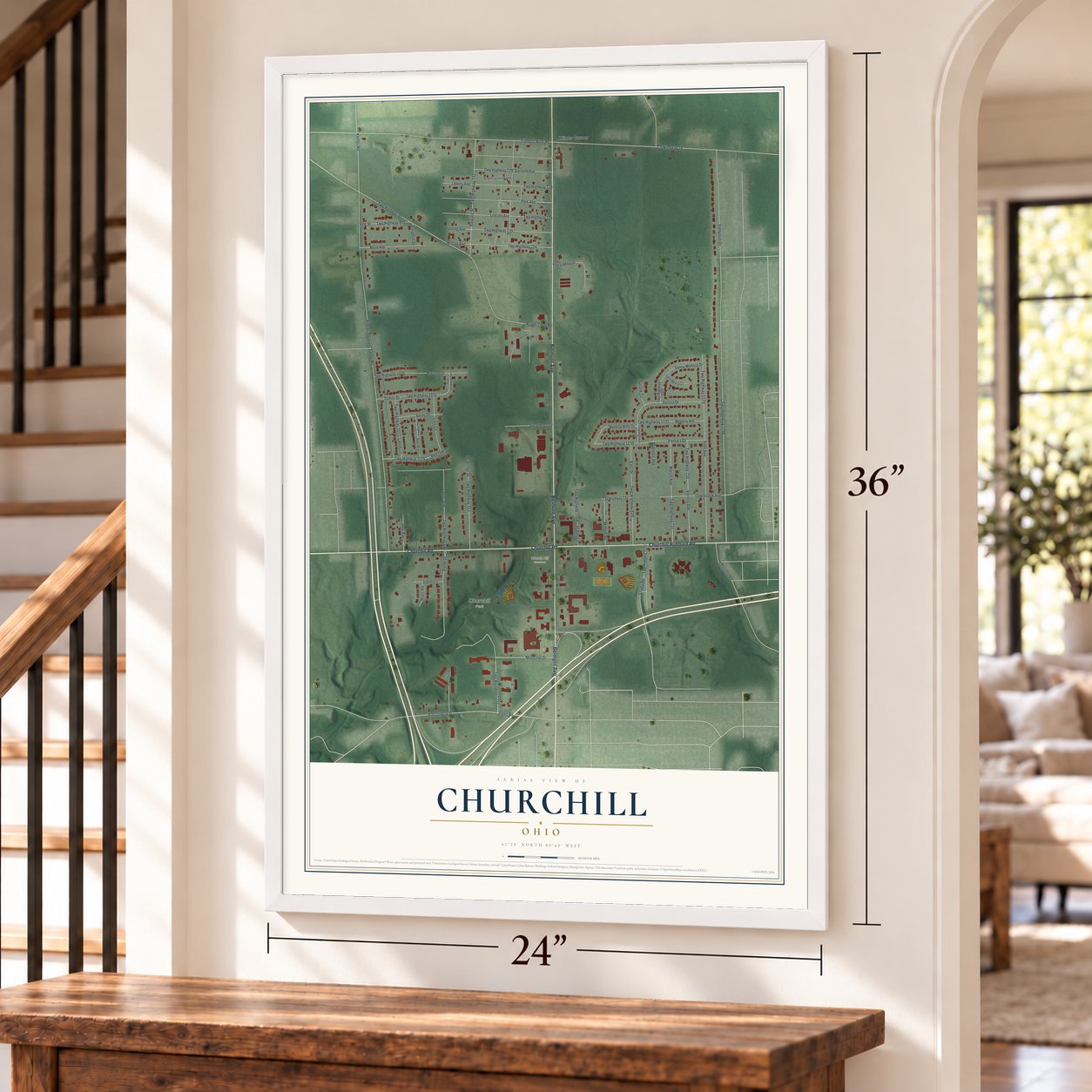 Churchill, Ohio map, 24 x 36 inch print in a white frame by a staircase