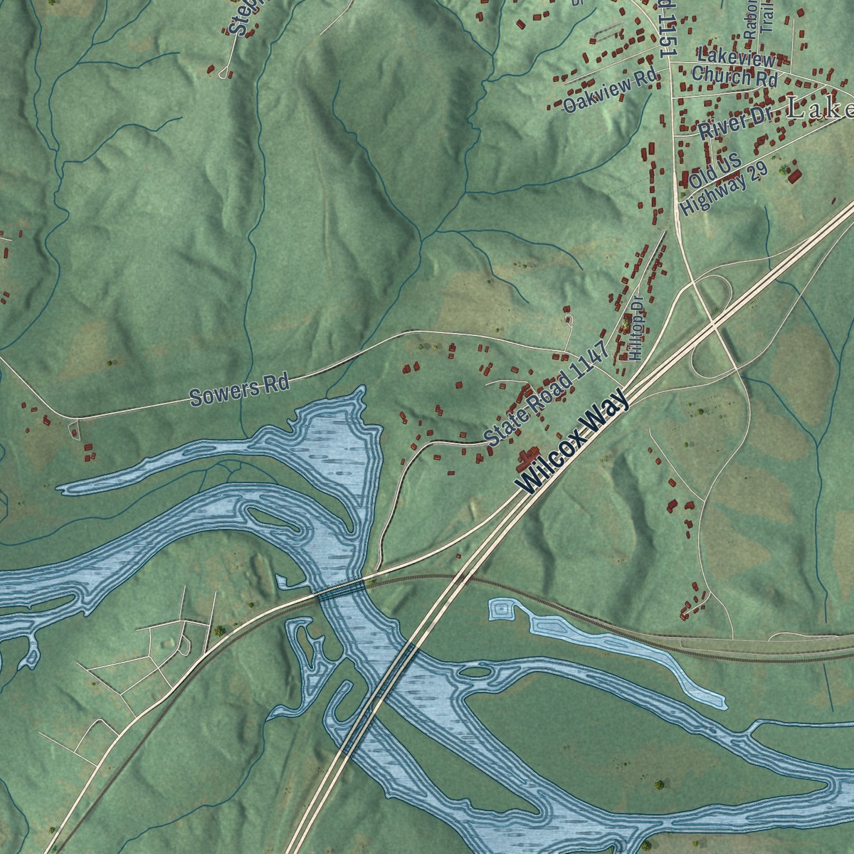 Second close-up of the map of Churchland, North Carolina print showing more streets and buildings