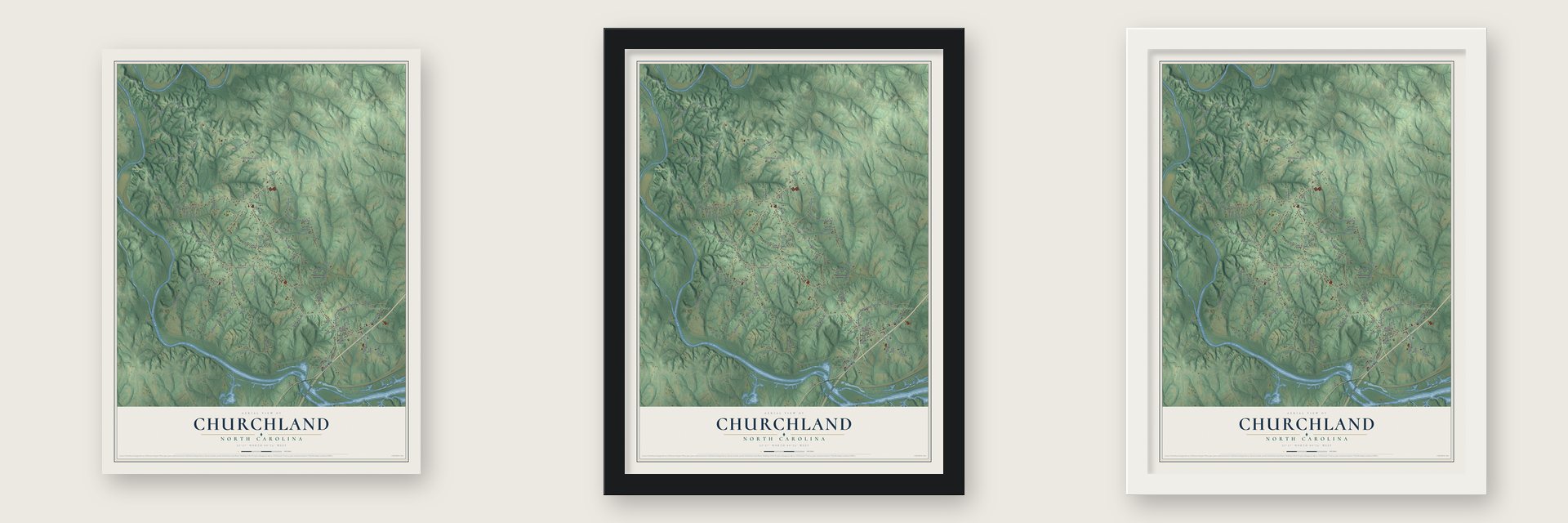 Churchland, North Carolina map unframed, in a black wood frame and in a white wood frame