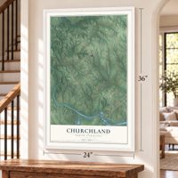 Churchland, North Carolina map, 24 x 36 inch print in a white frame by a staircase