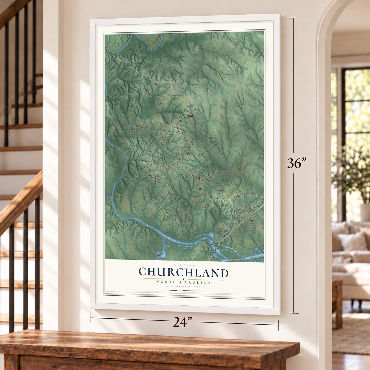 Churchland, North Carolina map, 24 x 36 inch print in a white frame by a staircase