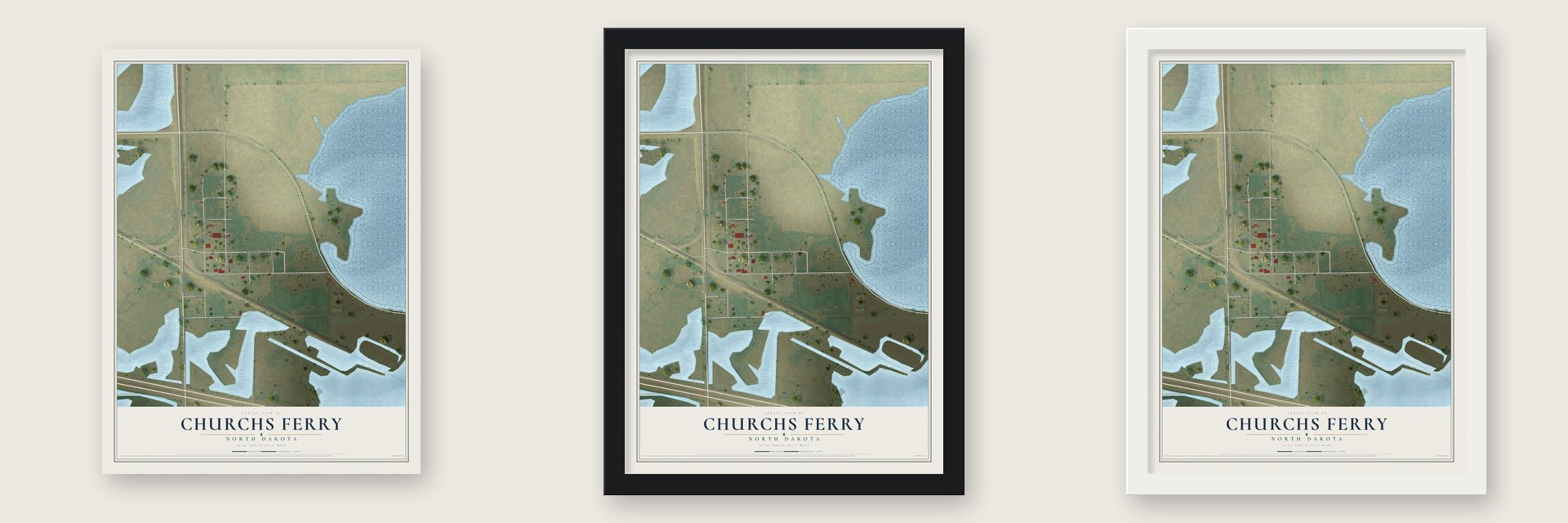 Churchs Ferry, North Dakota map unframed, in a black wood frame and in a white wood frame