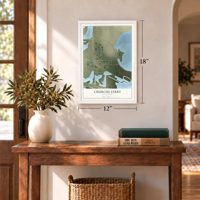 Churchs Ferry, North Dakota map, 12 x 18 inch print in a white frame in an entryway