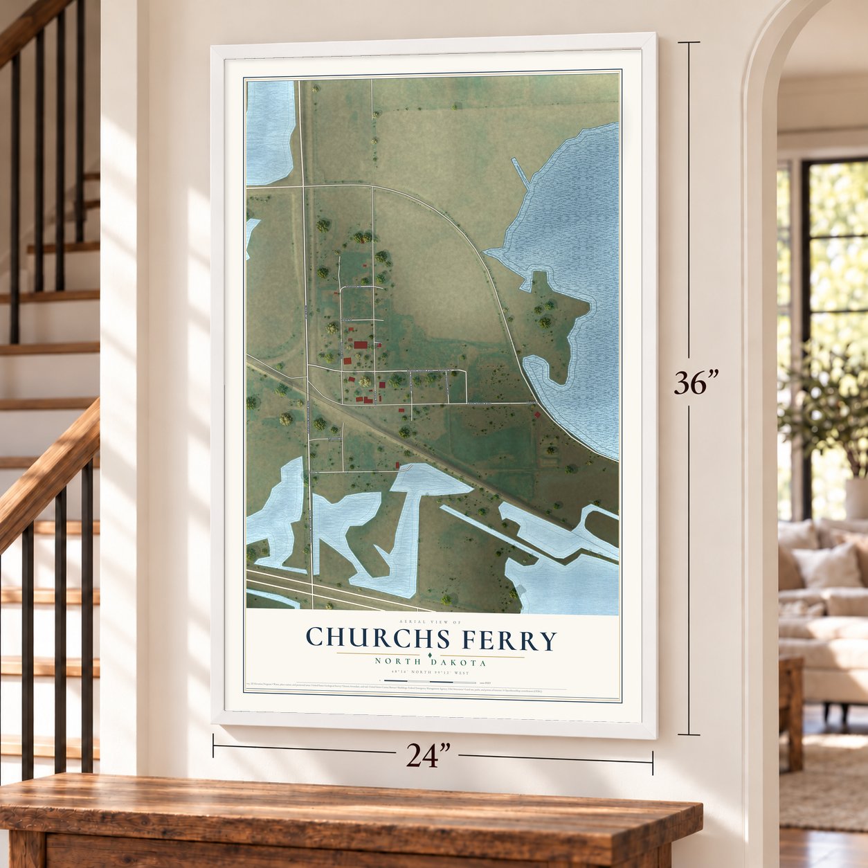 Churchs Ferry, North Dakota map, 24 x 36 inch print in a white frame by a staircase