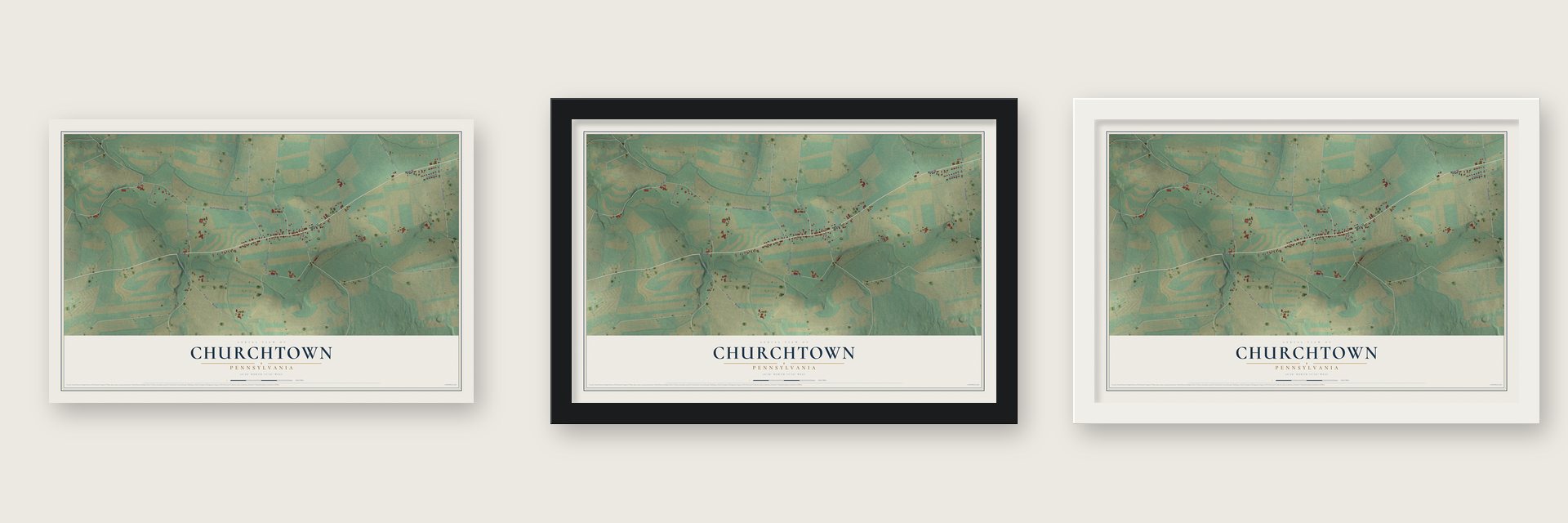 Churchtown, Pennsylvania map unframed, in a black wood frame and in a white wood frame
