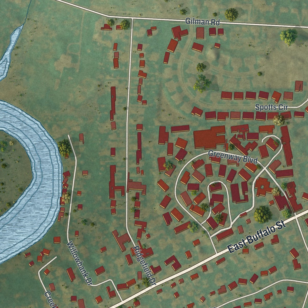Second close-up of the map of Churchville, New York print showing more streets and buildings
