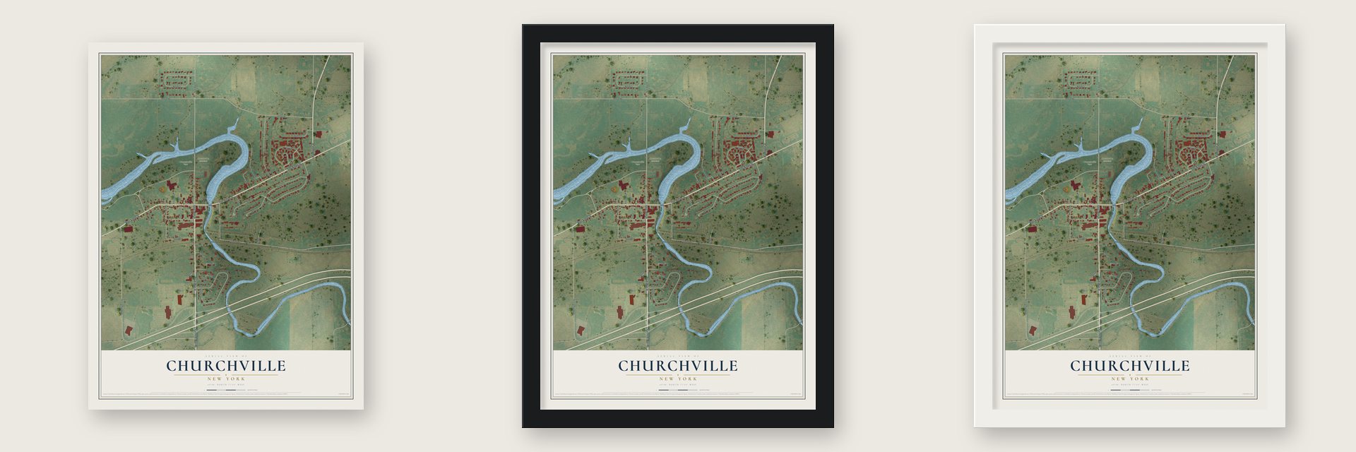 Churchville, New York map unframed, in a black wood frame and in a white wood frame