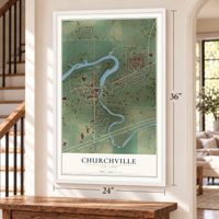 Churchville, New York map, 24 x 36 inch print in a white frame by a staircase