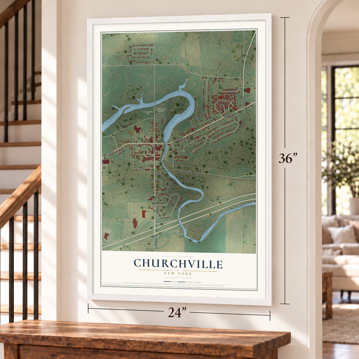 Churchville, New York map, 24 x 36 inch print in a white frame by a staircase