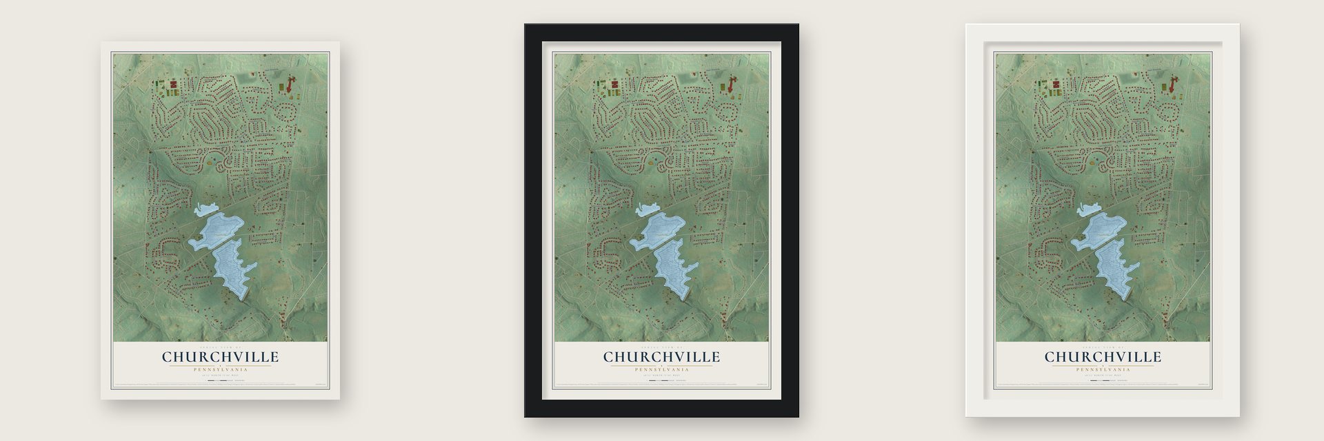 Churchville, Pennsylvania map unframed, in a black wood frame and in a white wood frame