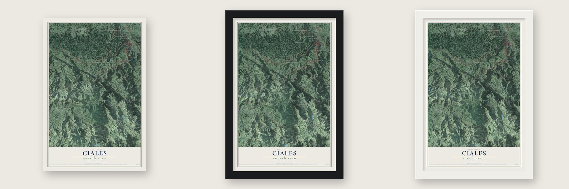 Ciales, Puerto Rico map unframed, in a black wood frame and in a white wood frame