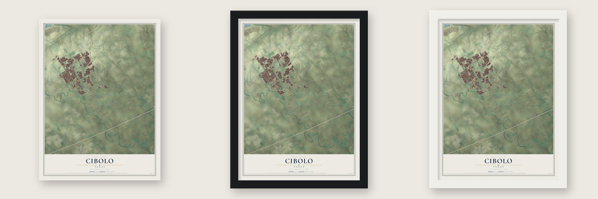 Cibolo, Texas map unframed, in a black wood frame and in a white wood frame