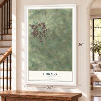 Cibolo, Texas map, 24 x 36 inch print in a white frame by a staircase