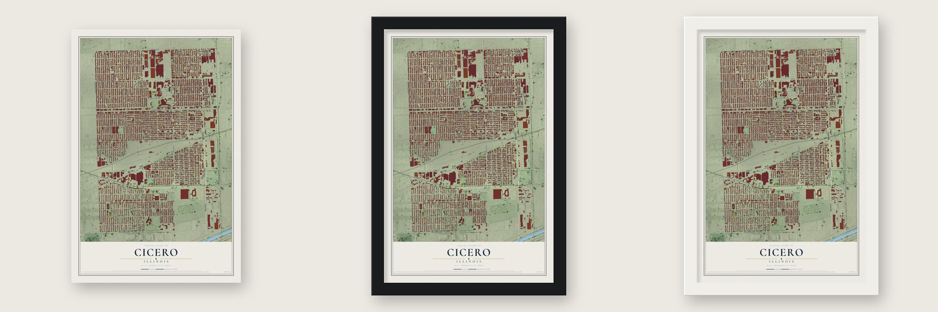 Cicero, Illinois map unframed, in a black wood frame and in a white wood frame