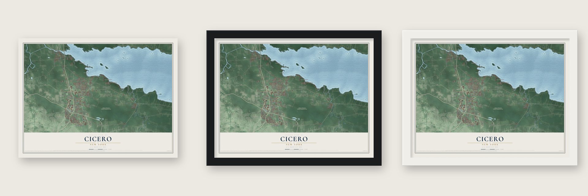 Cicero, New York map unframed, in a black wood frame and in a white wood frame