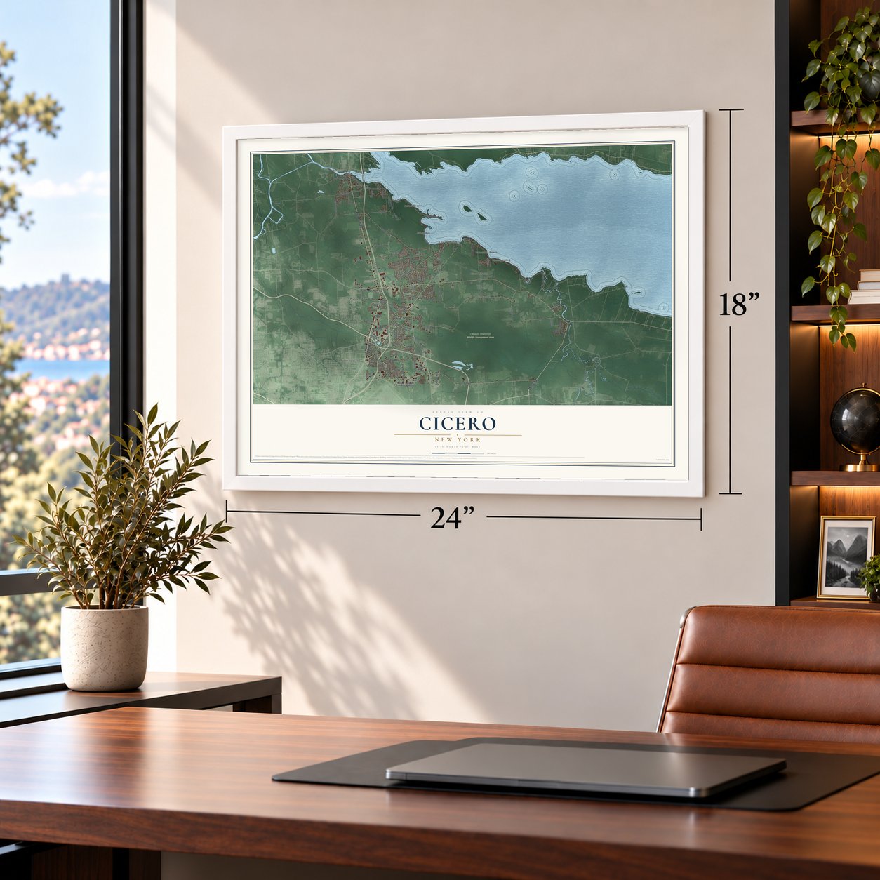 Cicero, New York map, 18 x 24 inch print in a white frame in a home office