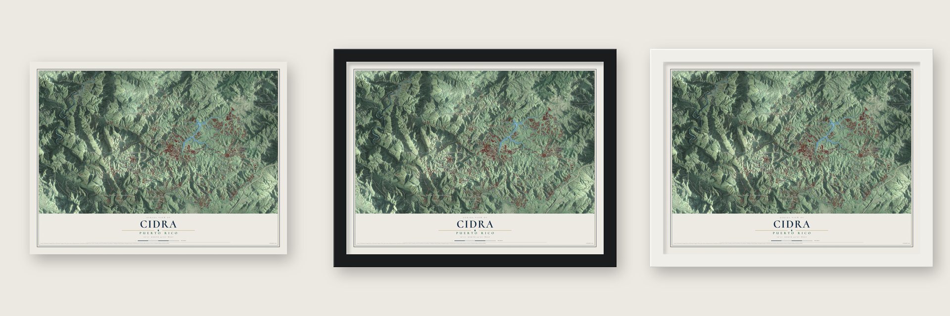 Cidra, Puerto Rico map unframed, in a black wood frame and in a white wood frame