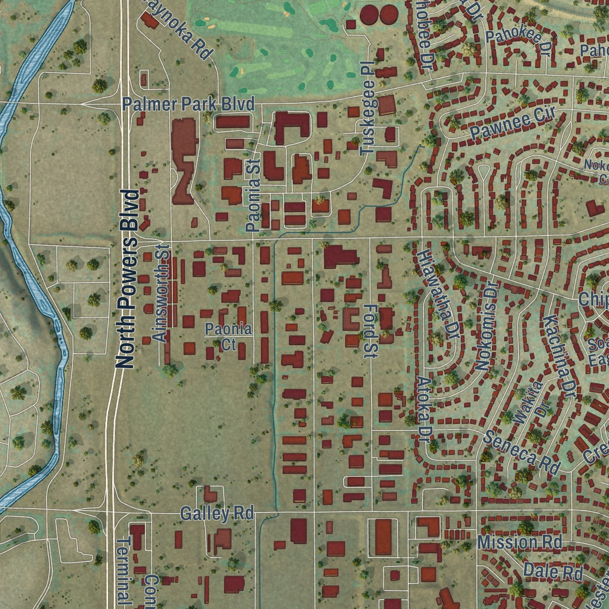 Second close-up of the map of Cimarron Hills, Colorado print showing more streets and buildings