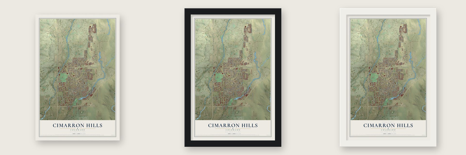 Cimarron Hills, Colorado map unframed, in a black wood frame and in a white wood frame