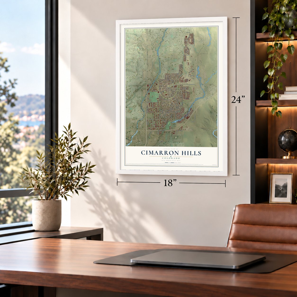Cimarron Hills, Colorado map, 18 x 24 inch print in a white frame in a home office