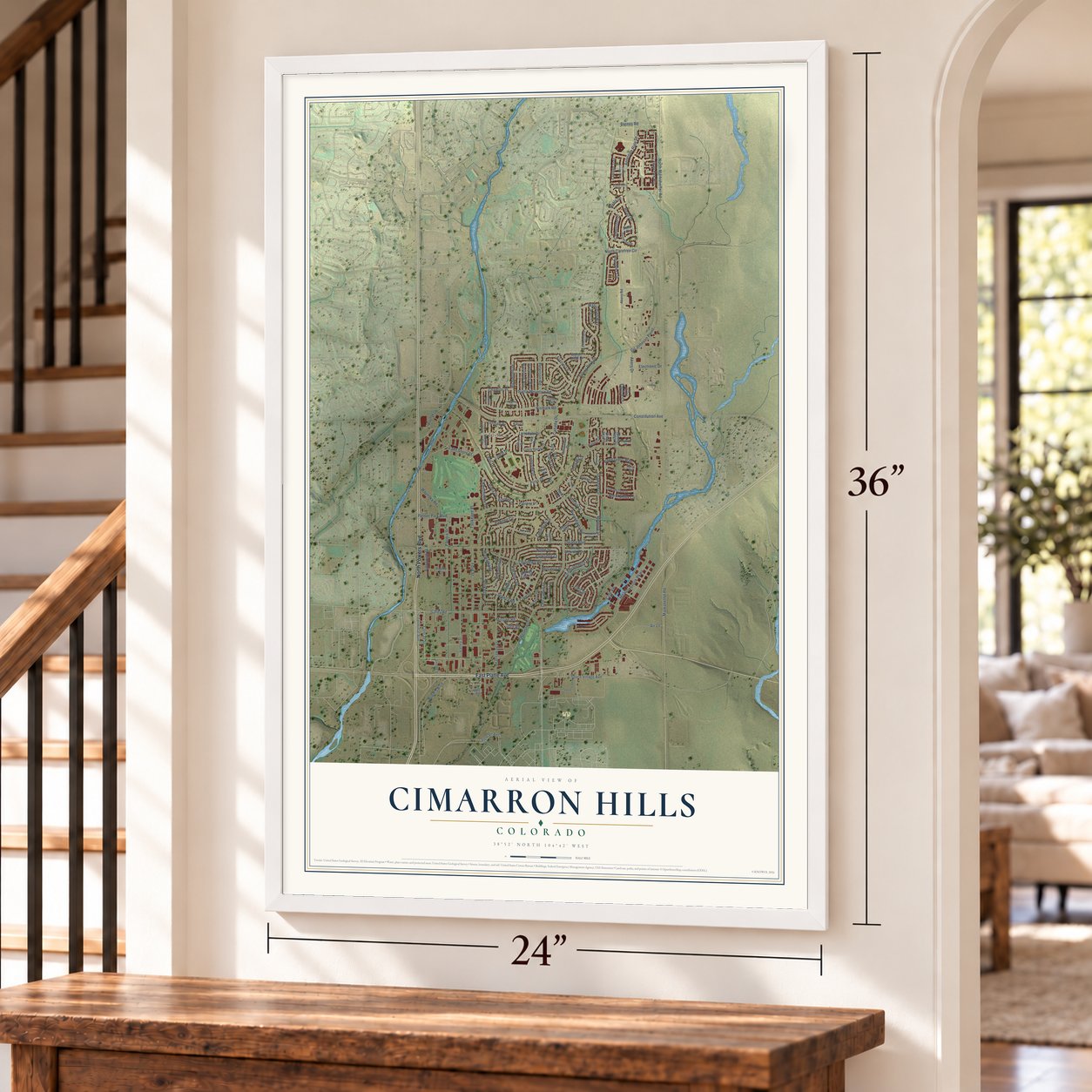 Cimarron Hills, Colorado map, 24 x 36 inch print in a white frame by a staircase