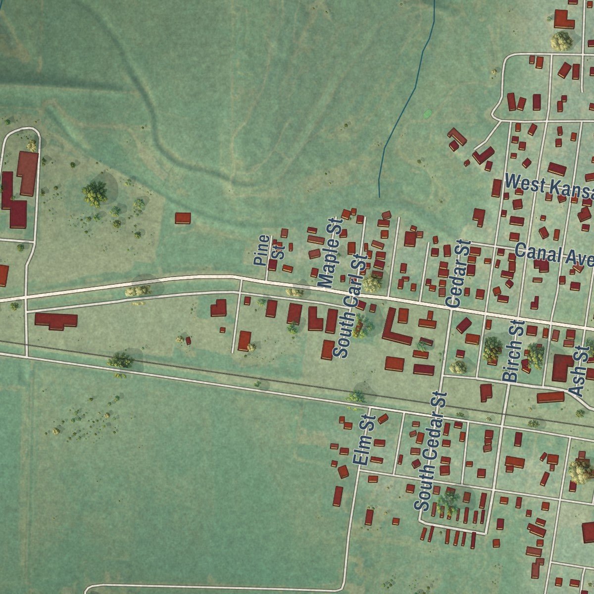 Second close-up of the map of Cimarron, Kansas print showing more streets and buildings