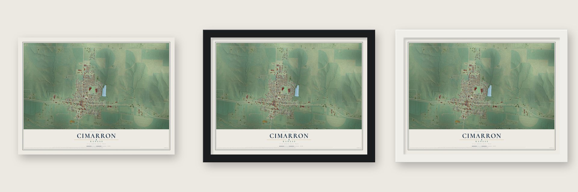 Cimarron, Kansas map unframed, in a black wood frame and in a white wood frame