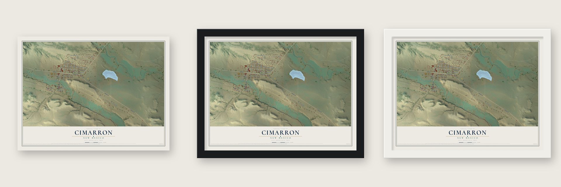 Cimarron, New Mexico map unframed, in a black wood frame and in a white wood frame