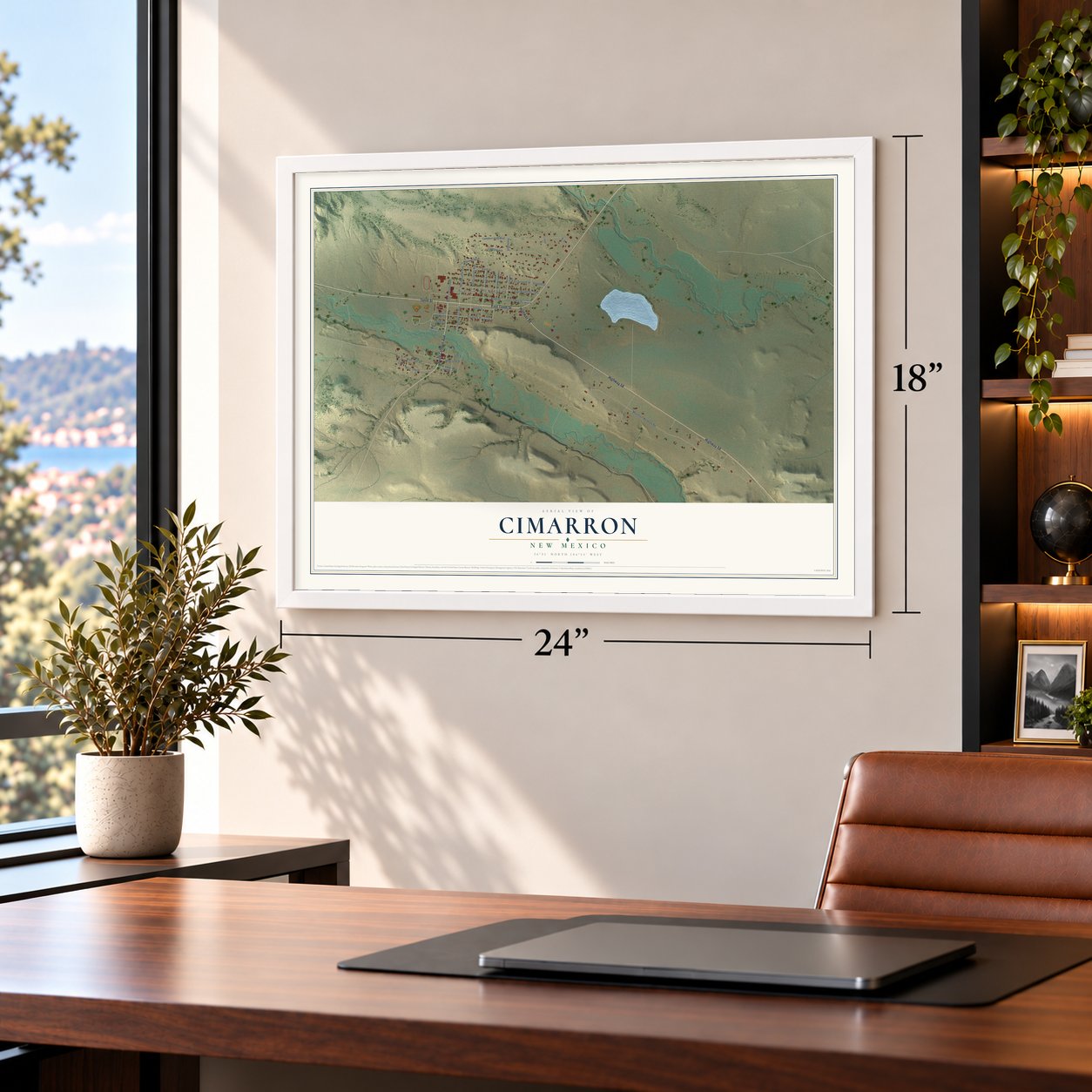Cimarron, New Mexico map, 18 x 24 inch print in a white frame in a home office