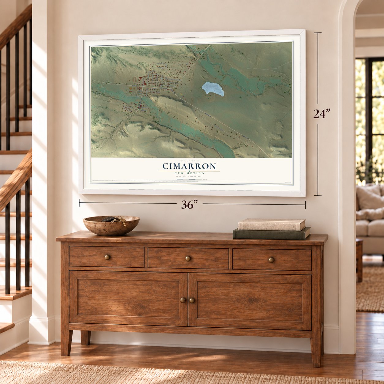 Cimarron, New Mexico map, 24 x 36 inch print in a white frame above a dresser by a staircase