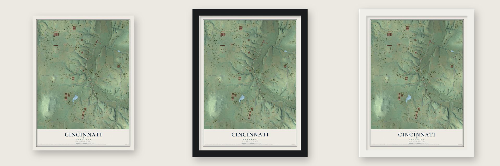 Cincinnati, Arkansas map unframed, in a black wood frame and in a white wood frame
