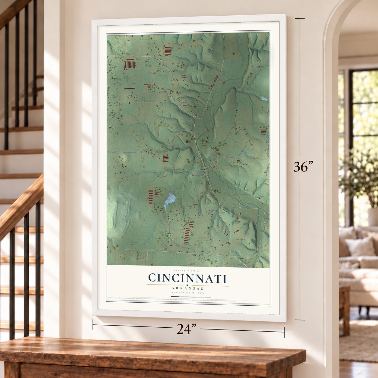Cincinnati, Arkansas map, 24 x 36 inch print in a white frame by a staircase