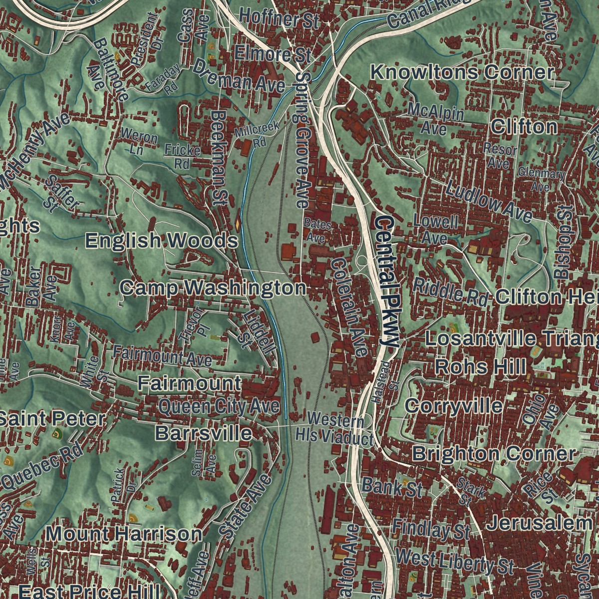 Second close-up of the map of Cincinnati, Ohio print showing more streets and buildings