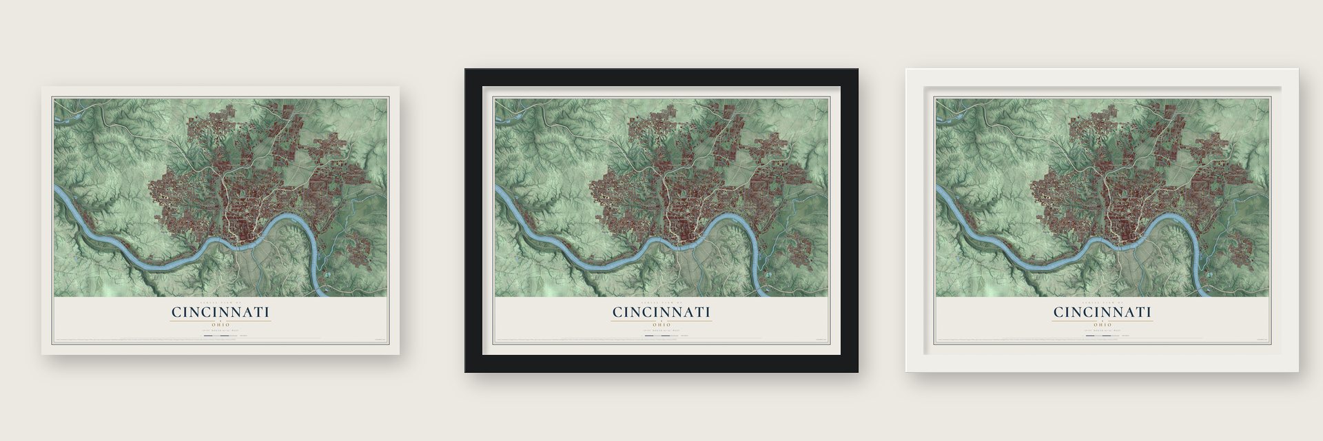 Cincinnati, Ohio Print map unframed, in a black wood frame and in a white wood frame