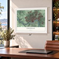 Cincinnati, Ohio Print map, 18 x 24 inch print in a white frame in a home office