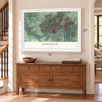 Cincinnati, Ohio Print map, 24 x 36 inch print in a white frame above a dresser by a staircase
