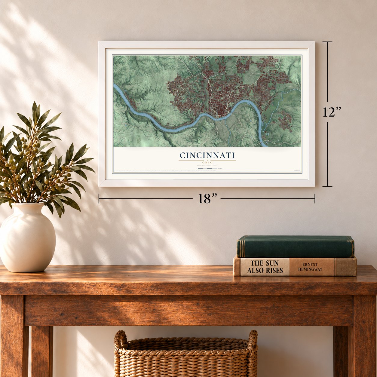 Cincinnati, Ohio Print map, 12 x 18 inch print in a white frame in an entryway