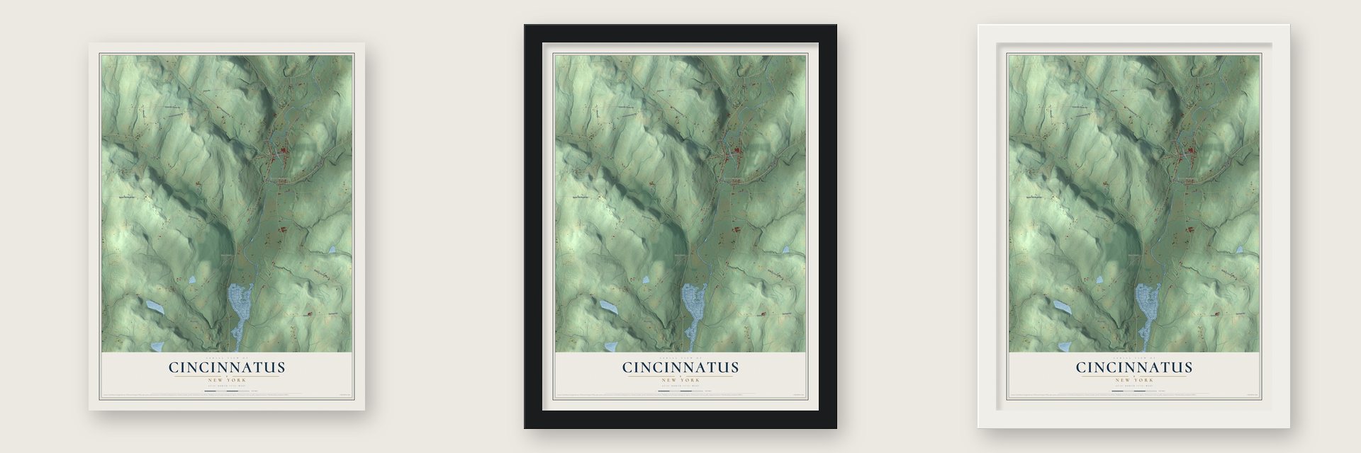 Cincinnatus, New York map unframed, in a black wood frame and in a white wood frame