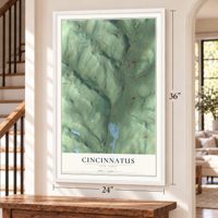 Cincinnatus, New York map, 24 x 36 inch print in a white frame by a staircase