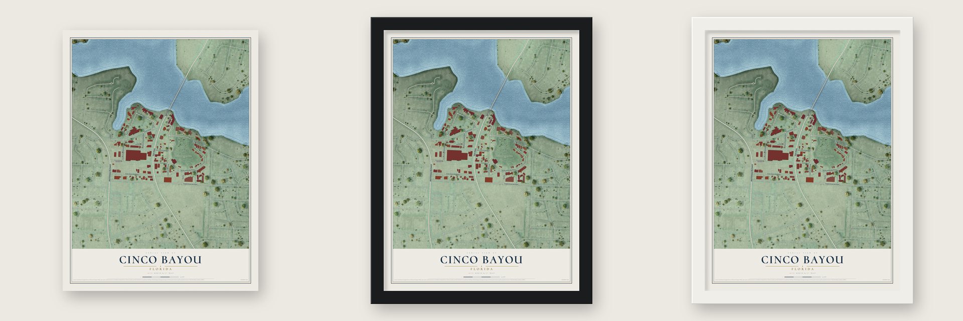 Cinco Bayou, Florida map unframed, in a black wood frame and in a white wood frame