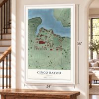 Cinco Bayou, Florida map, 24 x 36 inch print in a white frame by a staircase