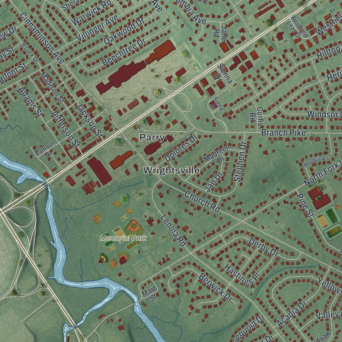 Second close-up of the map of Cinnaminson, New Jersey print showing more streets and buildings