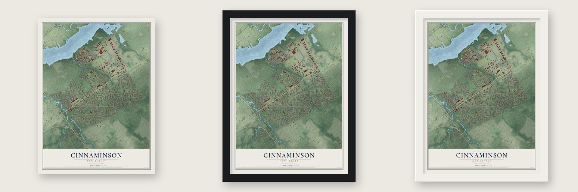 Cinnaminson, New Jersey map unframed, in a black wood frame and in a white wood frame