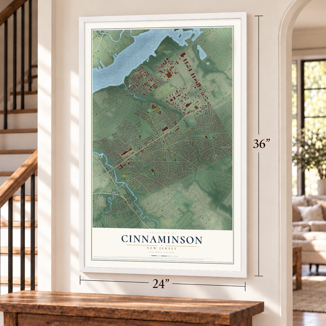 Cinnaminson, New Jersey map, 24 x 36 inch print in a white frame by a staircase